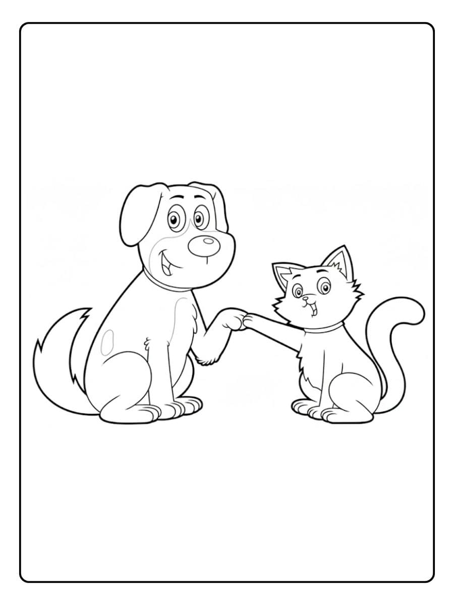 Einfaches Ausmalbild von Hund und Katze als Dschungelfreunde mit Blättern und Naturmotiven