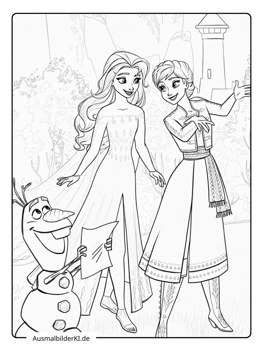 Anna und Elsa Ausmalbilder - Mit Olaf im Wald
