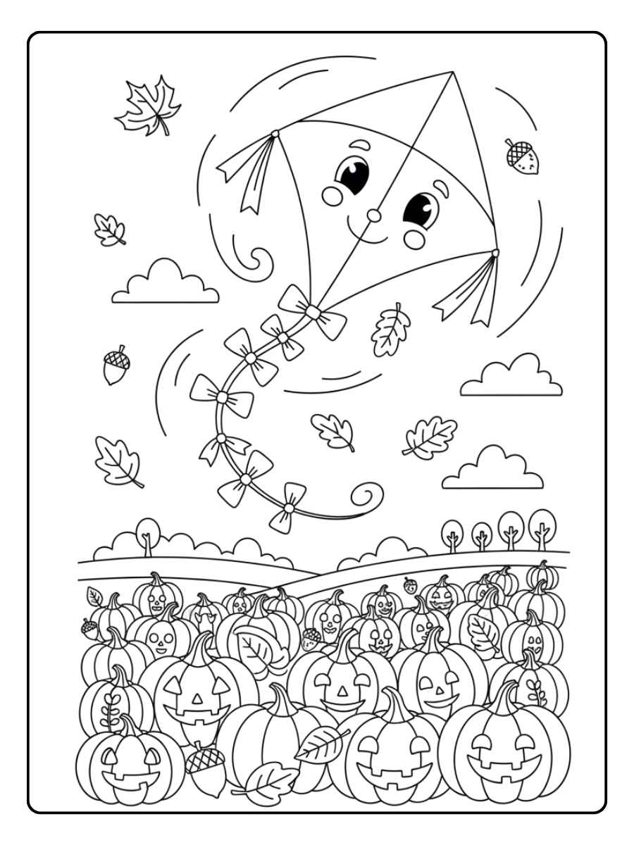 Ausmalbild Drachen Herbst Drachen fliegt über ein Kürbisfeld