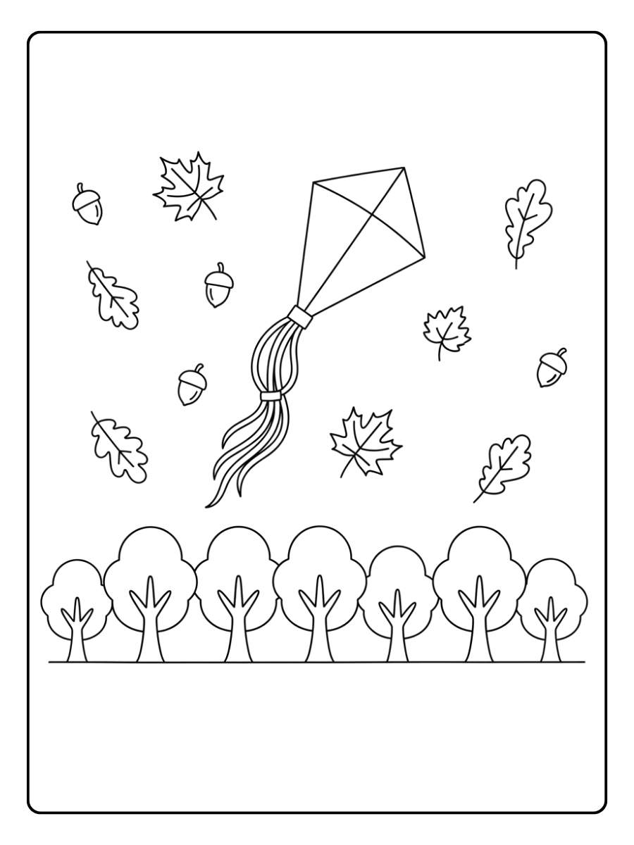 Ausmalbild Drachen Herbst Drachen fliegt über herbstliche Bäume