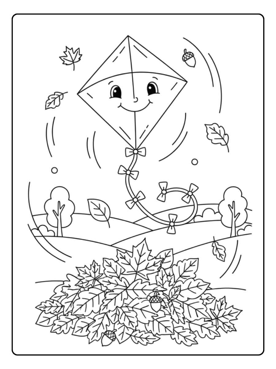 Ausmalbild Drachen Herbst Drachen schwebt über einem Blätterhaufen