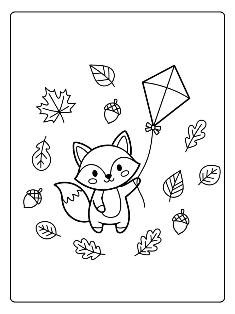 Ausmalbild Drachen Herbst Niedlicher Fuchs hält eine Drachenschnur