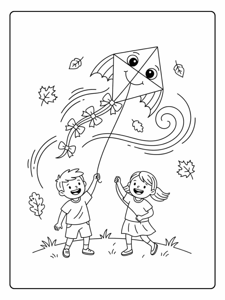 Ausmalbild Drachen Herbst Zwei Kinder lassen ihren Drachen steigen