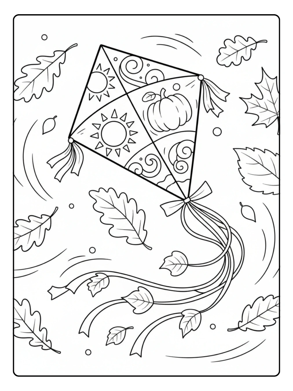 Ausmalbild Drachen Herbst im bunten Blätterwind