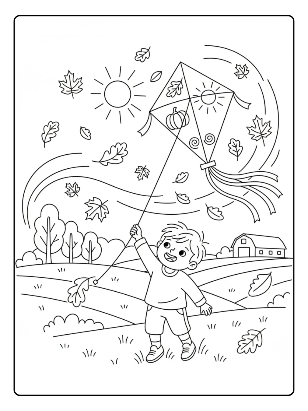 Ausmalbild Drachen Herbst mit Kind auf der Wiese