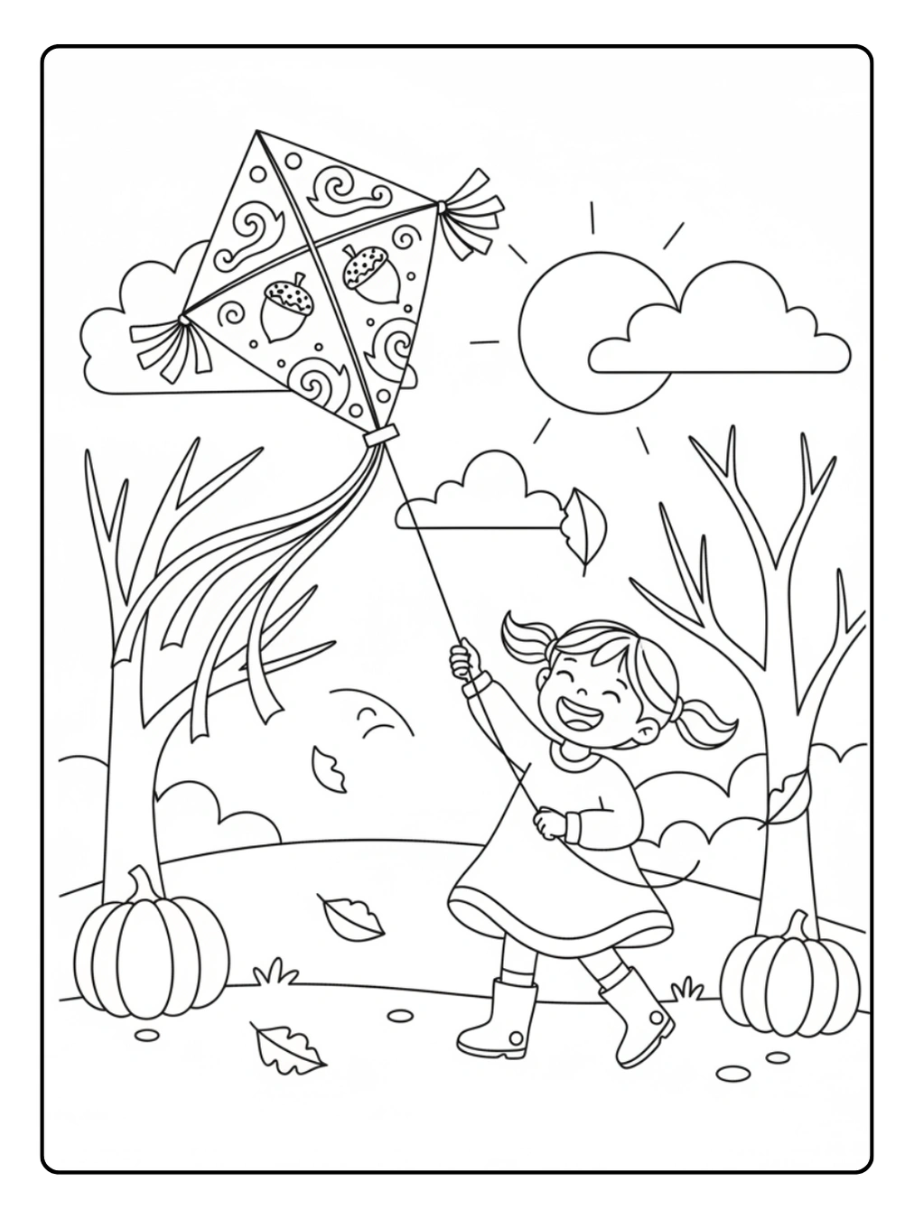 Ausmalbild Drachen Herbst mit lachendem Mädchen