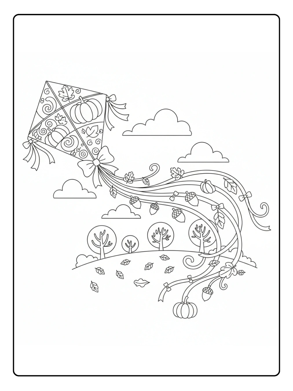 Ausmalbild Drachen Herbst mit wehendem Drachenschwanz