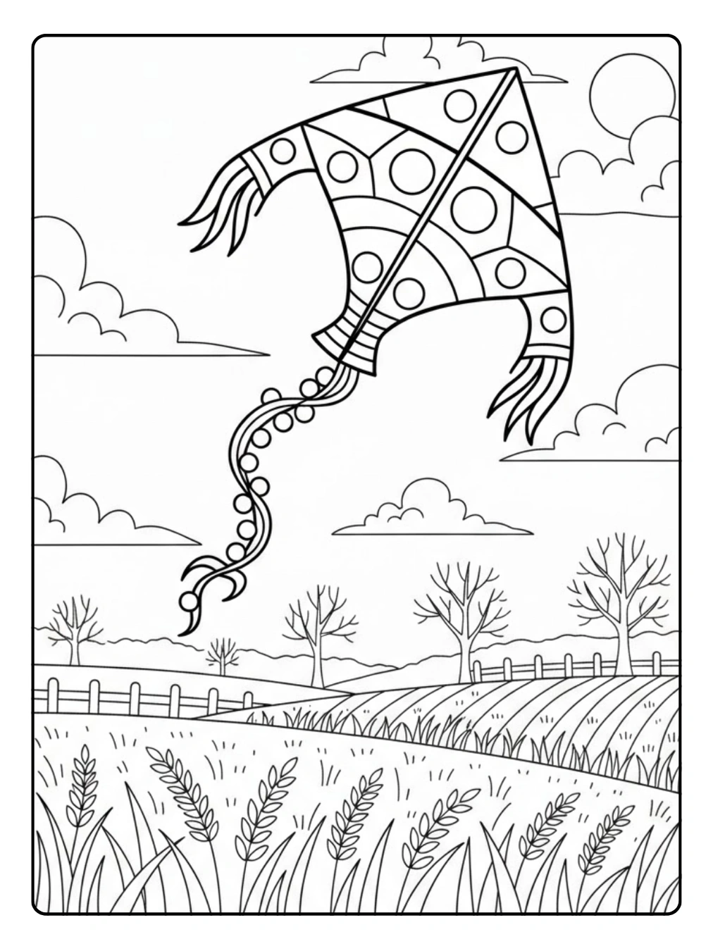 Ausmalbild Drachen Herbst über goldenem Feld