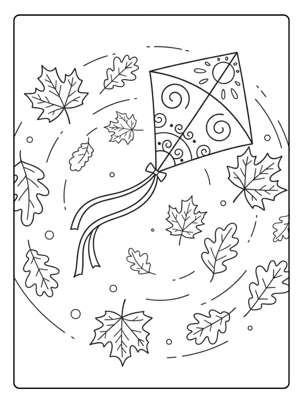 Ausmalbild Drachen Herbst zwischen fallenden Blättern