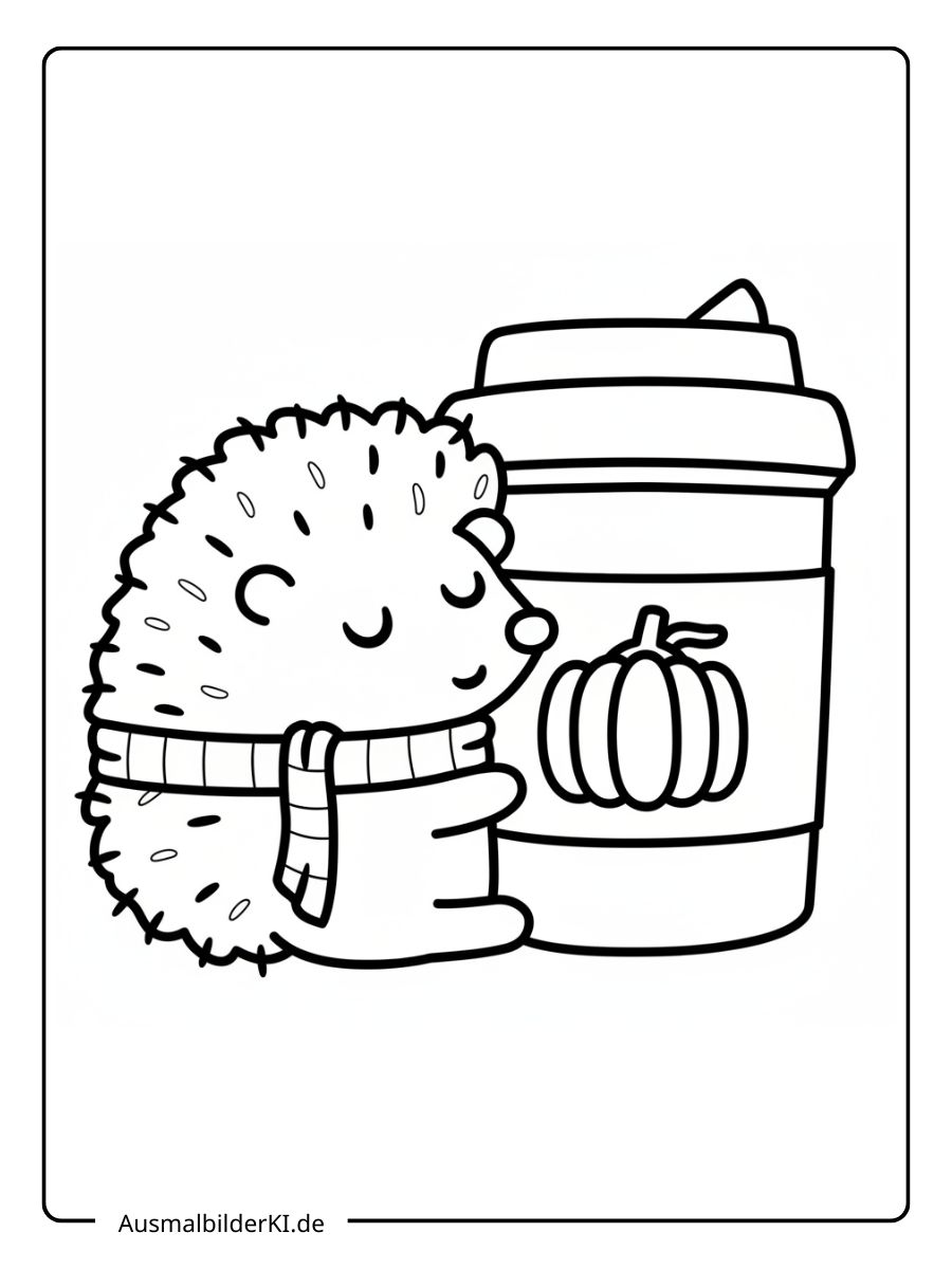 Ausmalbild Herbst Igel - Mit Kaffeebecher