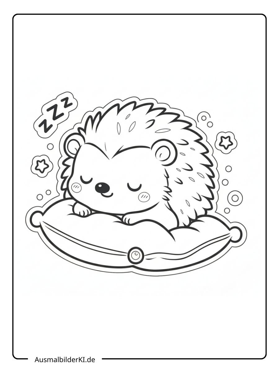 Ausmalbild Herbst Igel - Schlafend auf Kissen
