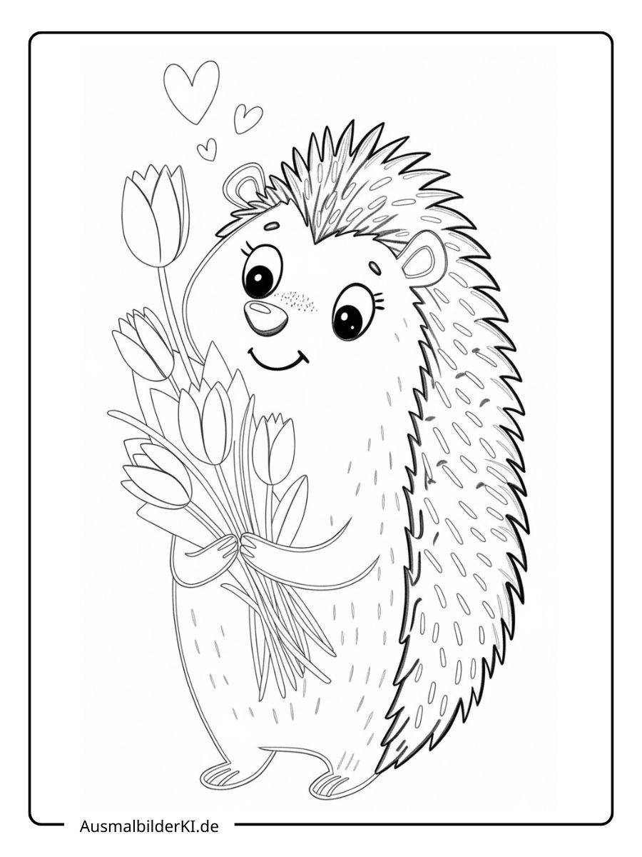 Ausmalbild Herbst Igel - Mit Blumenstrauß