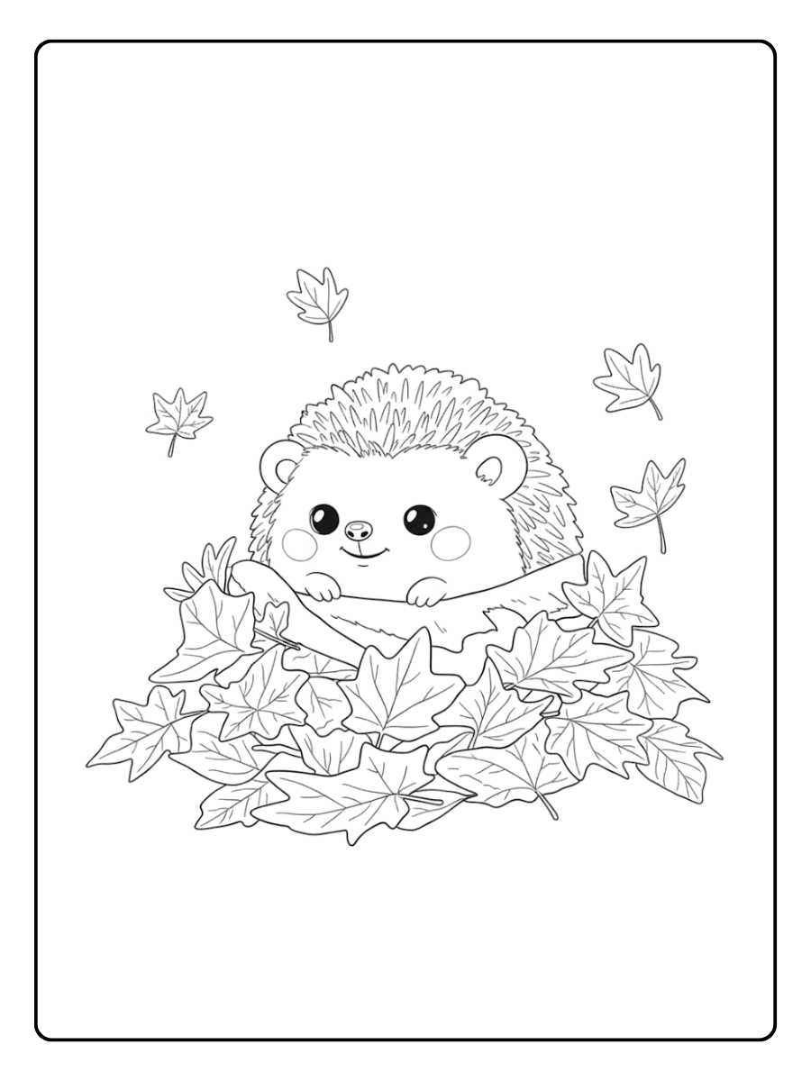 Ausmalbild Herbst Igel Fröhlicher Igel mit Blättern
