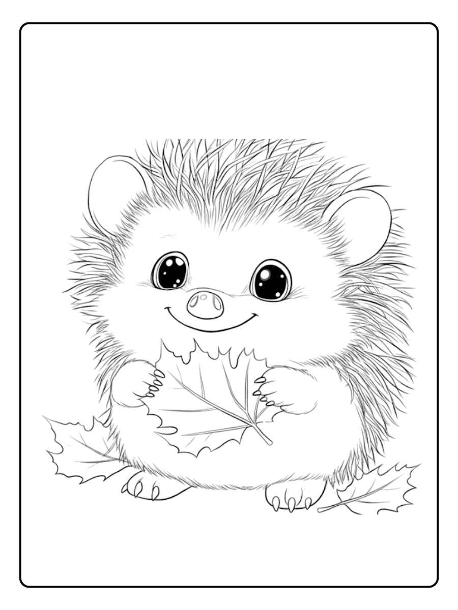Ausmalbild Herbst Igel - Mit großem Blatt