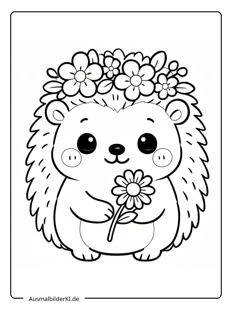 Ausmalbild Herbst Igel - Mit Blumenkranz