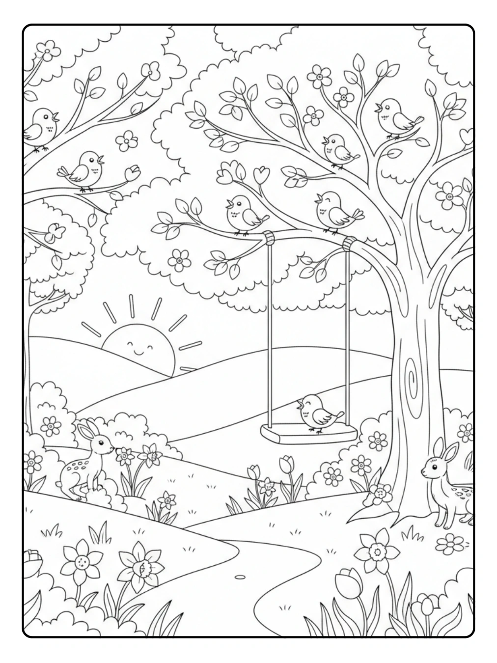 Ausmalbild Jahreszeiten – Frühling im Wald mit Vögeln