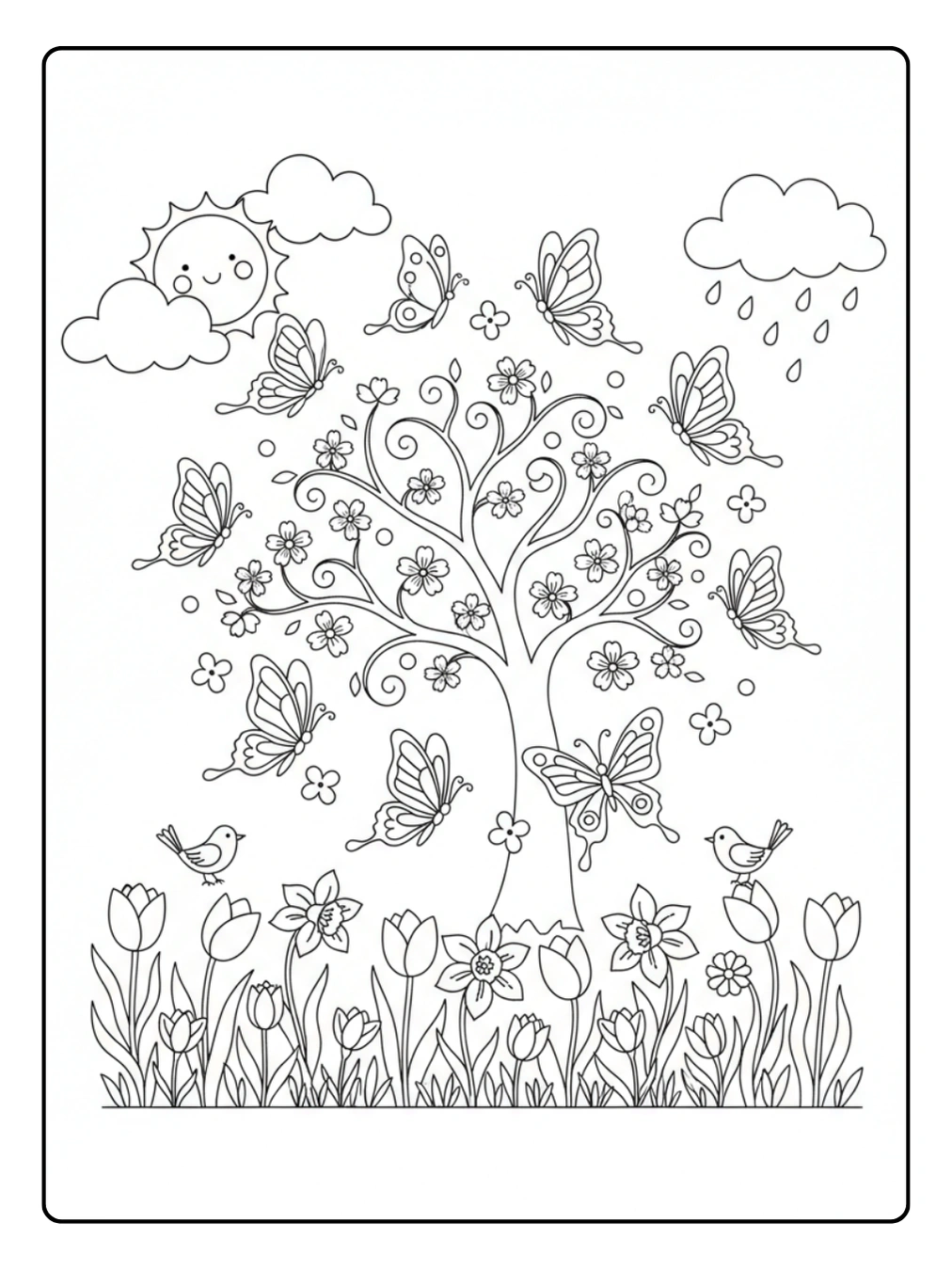 Ausmalbild Jahreszeiten – Frühling mit tanzenden Schmetterlingen