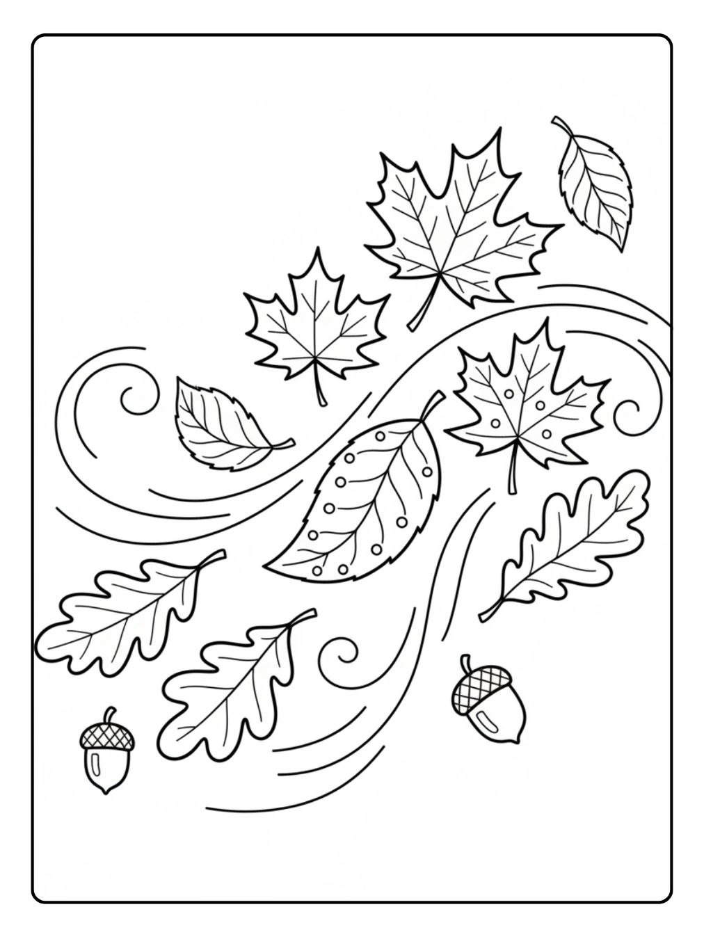 Ausmalbild Jahreszeiten – Herbstlaub im Wind