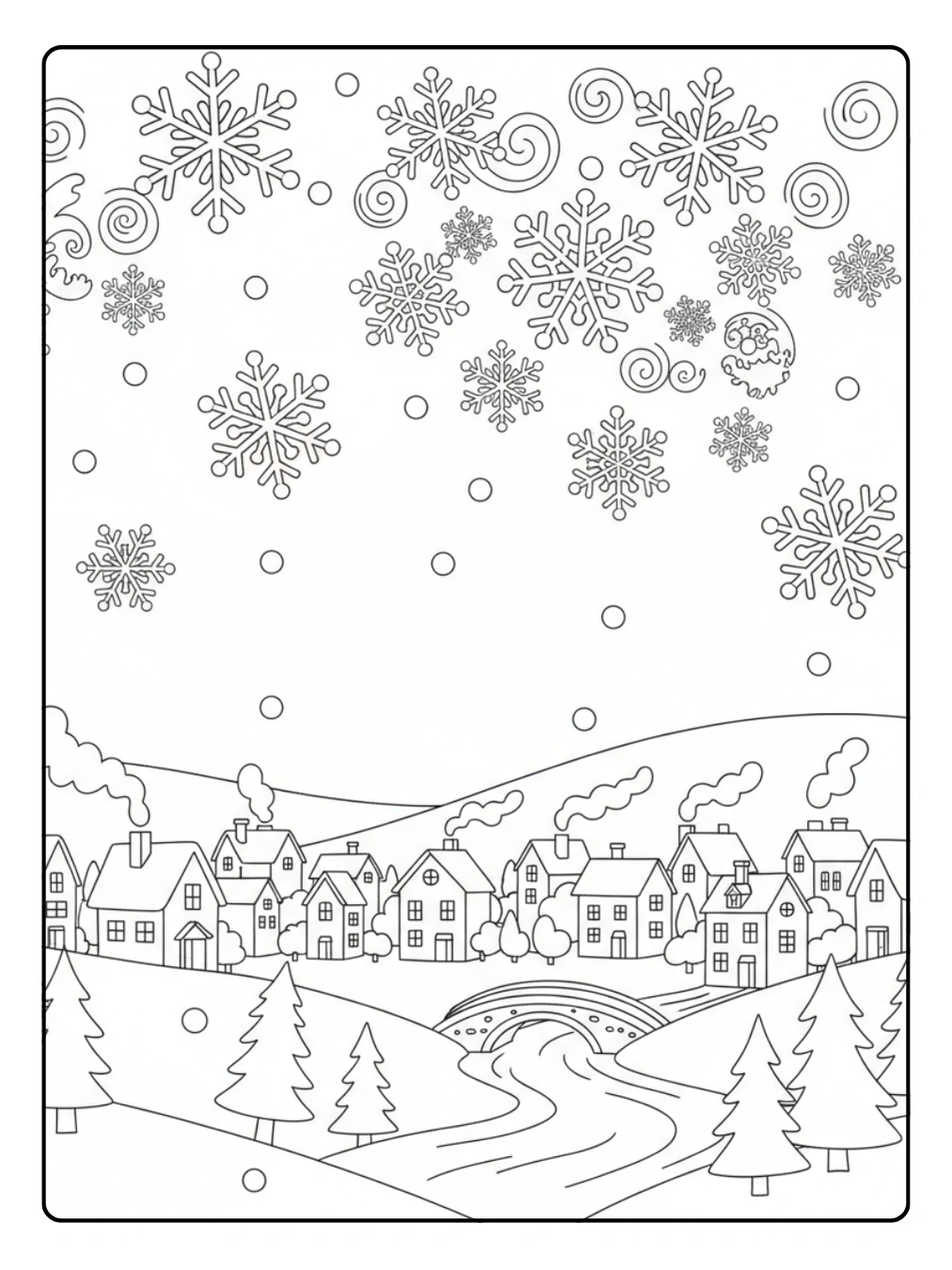 Ausmalbild Jahreszeiten – Schneeflocken über dem Dorf