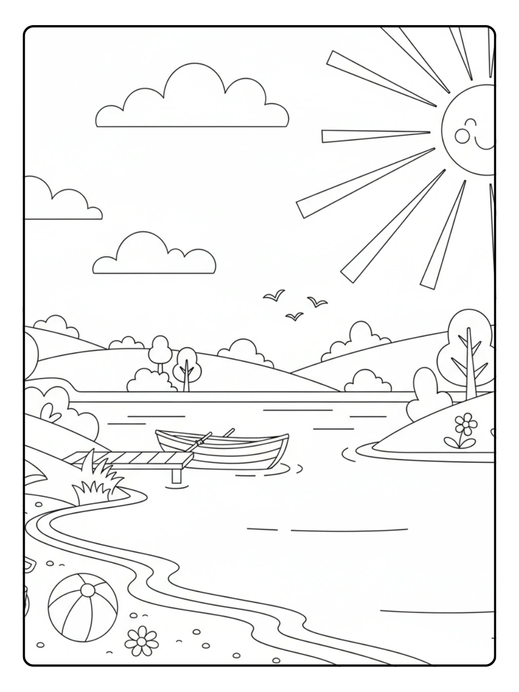 Ausmalbild Jahreszeiten – Sommer am sonnigen See