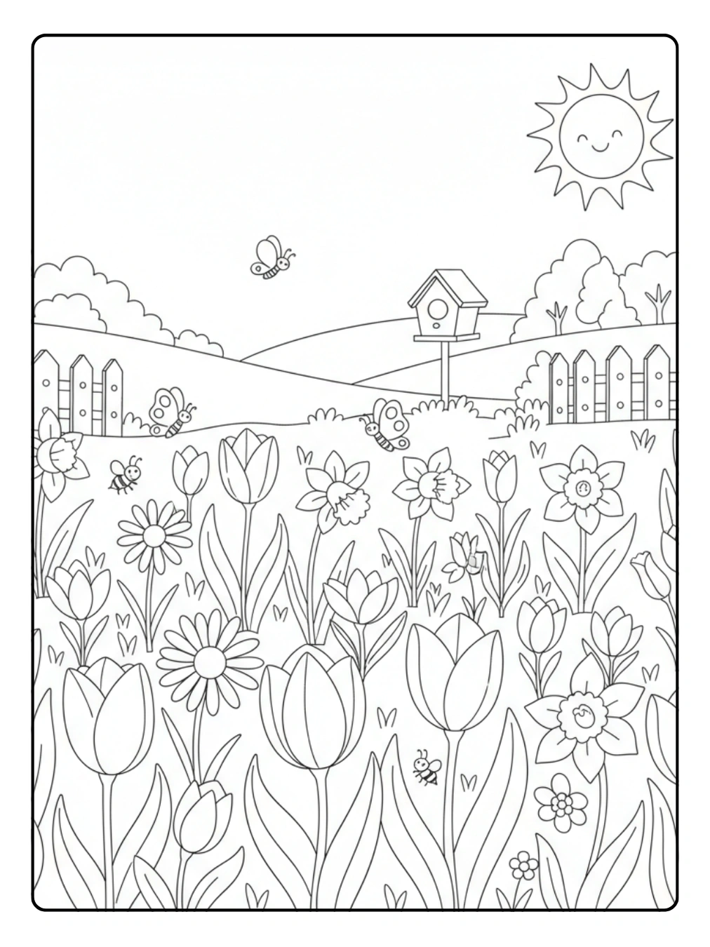 Ausmalbild Jahreszeiten – Tulpen und Frühlingsblumen