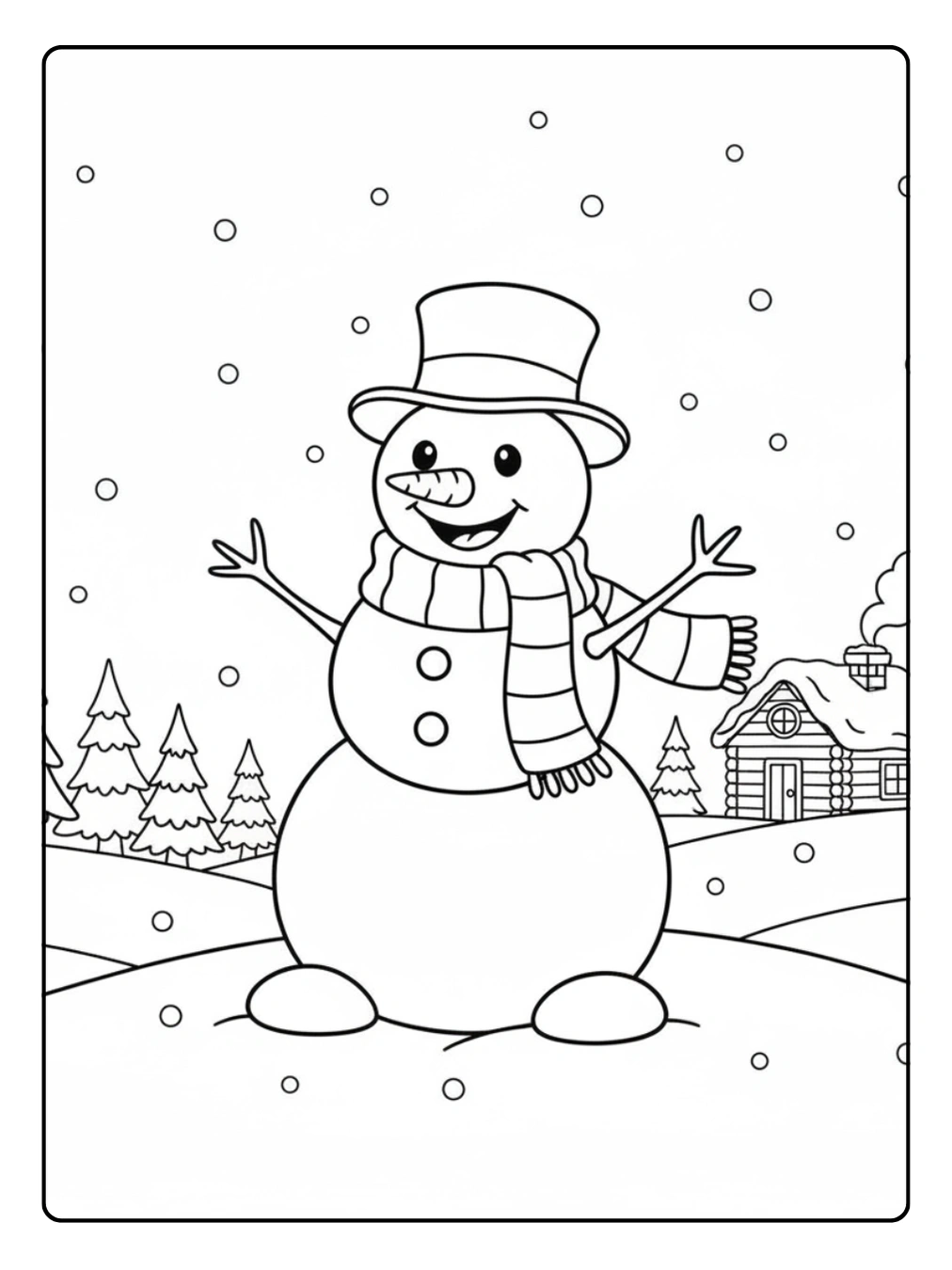 Ausmalbild Jahreszeiten – Winterlandschaft mit Schneemann