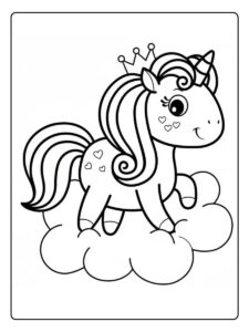 Ausmalbild Prinzessin Einhorn auf Wolke