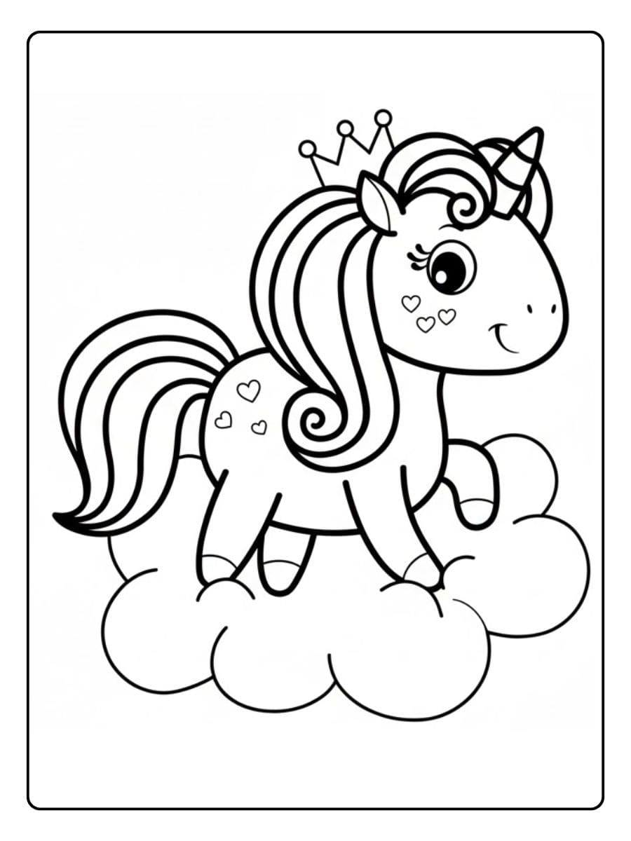 Ausmalbild Prinzessin Einhorn auf Wolke