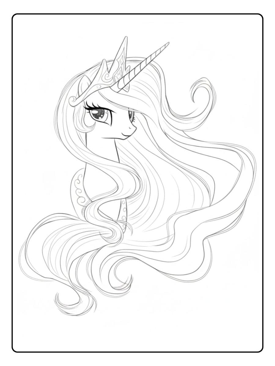 Ausmalbild Prinzessin Einhorn mit einfacher Kontur