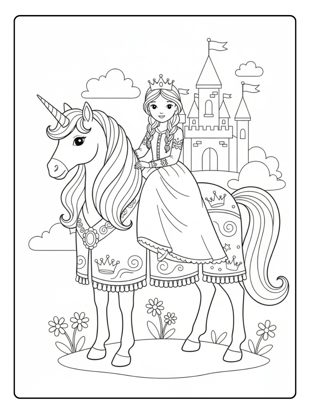 Ausmalbild Prinzessin Einhorn – Einhorn mit königlicher Pferdedecke