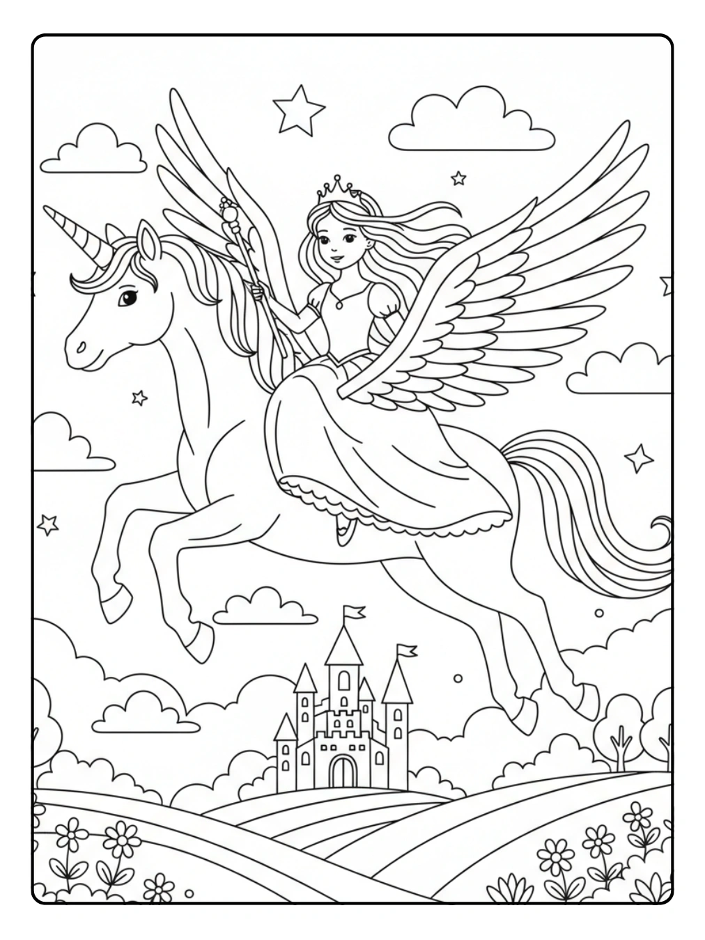 Ausmalbild Prinzessin Einhorn – Märchenprinzessin mit fliegendem Einhorn