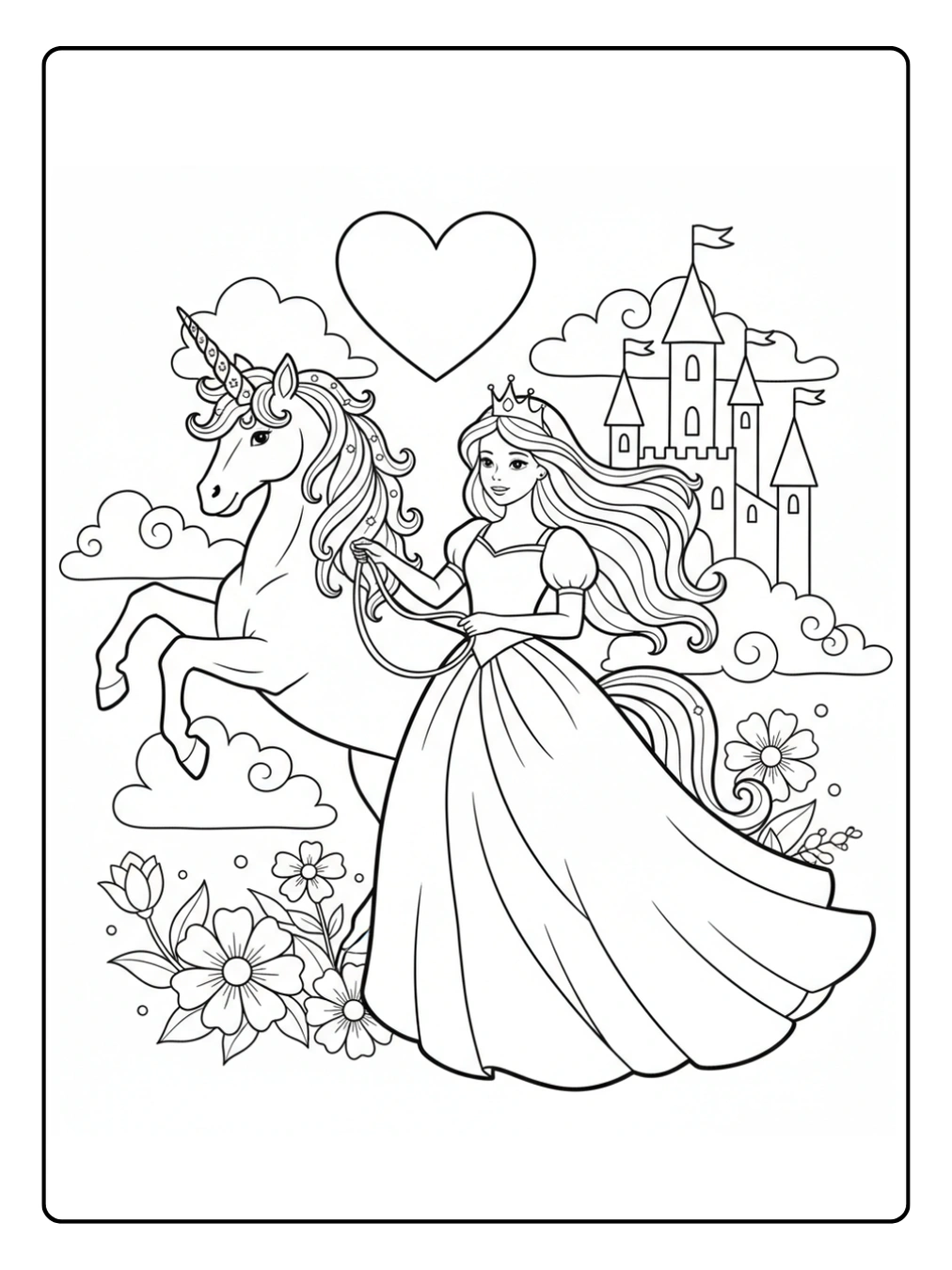 Ausmalbild Prinzessin Einhorn – Prinzessin mit glitzerndem Einhornhorn