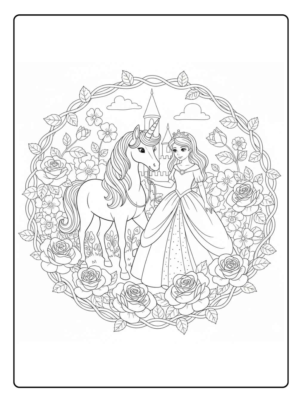 Ausmalbild Prinzessin Einhorn – Prinzessin und Einhorn im Rosengarten