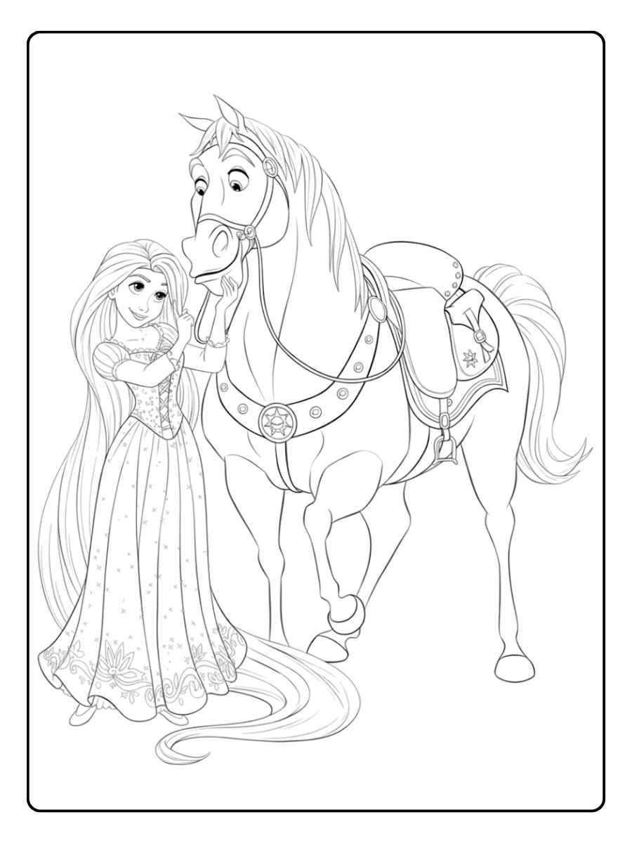 Ausmalbild Prinzessin Pferd Bereit für das Abenteuer