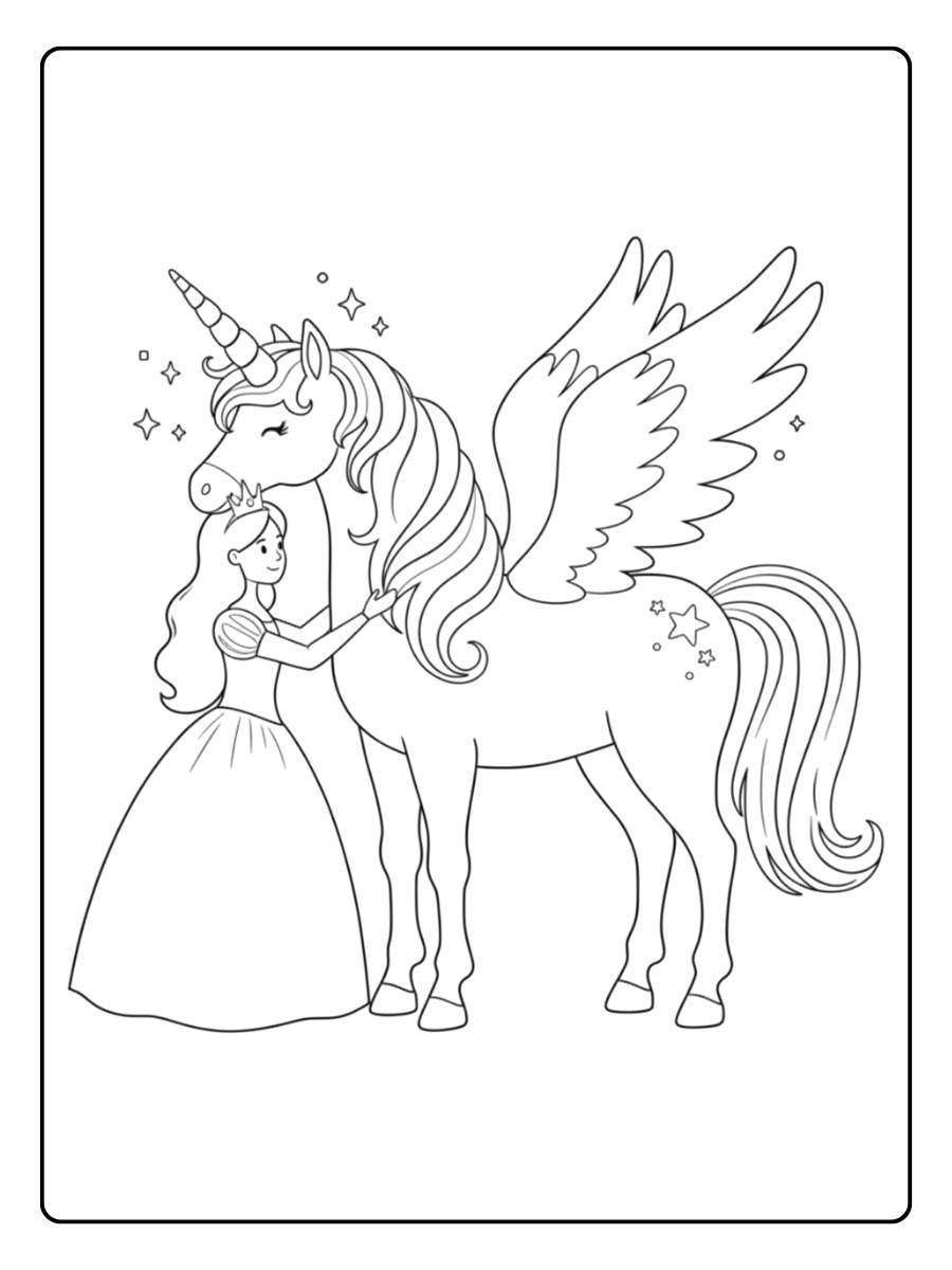 Ausmalbild Prinzessin Pferd Einhorn