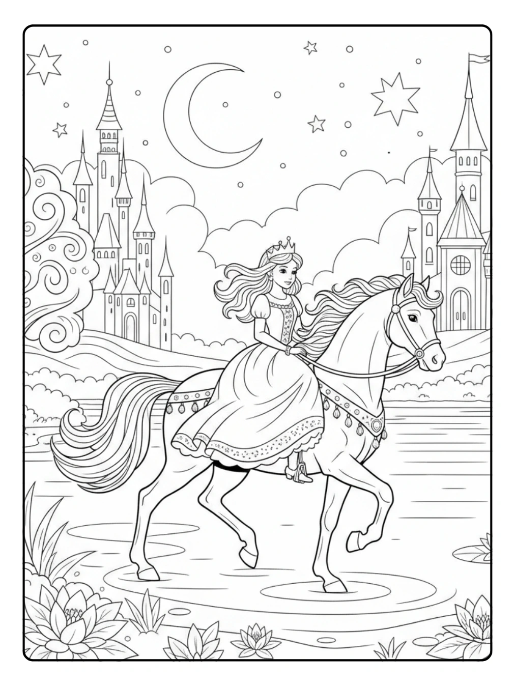 Ausmalbild Prinzessin Pferd – Abendritt am Märchensee
