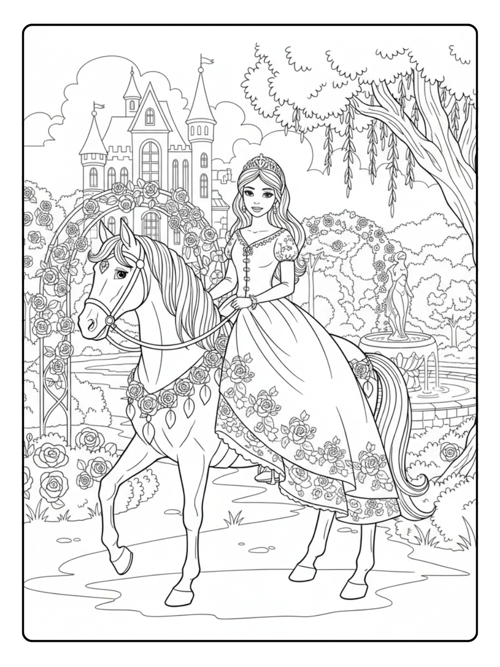Ausmalbild Prinzessin Pferd – Elegant im Schlossgarten