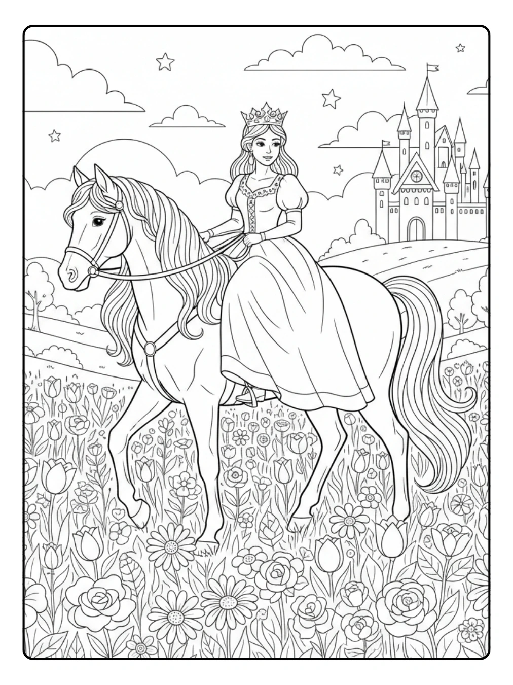 Ausmalbild Prinzessin Pferd – Königliche Reiterin im Blumenfeld