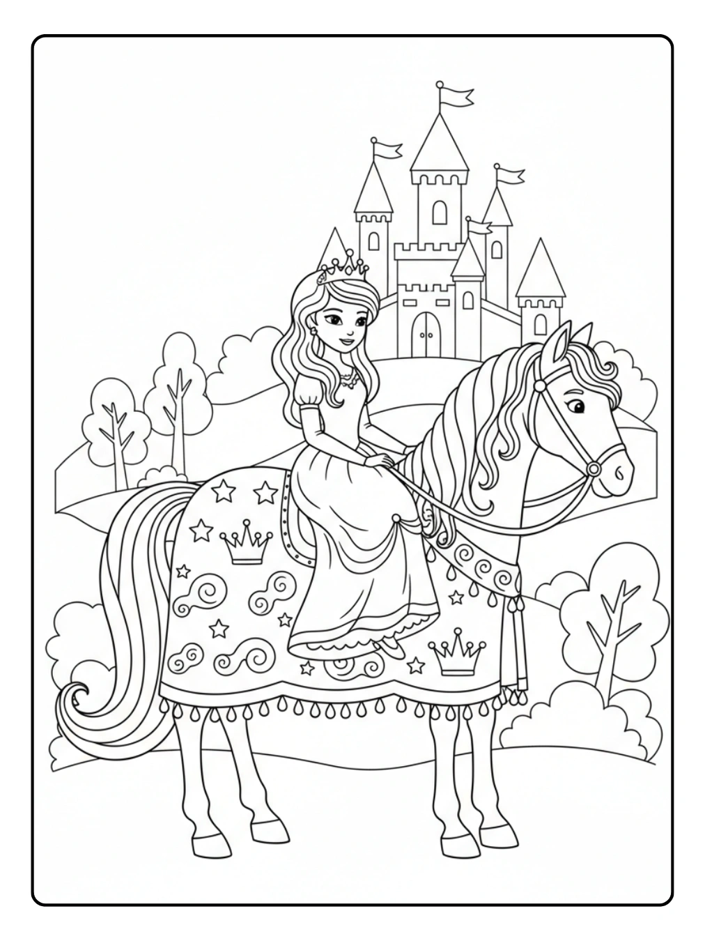 Ausmalbild Prinzessin Pferd – Pferd mit königlicher Decke