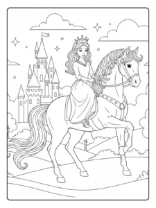 Ausmalbild Prinzessin Pferd – Prinzessin auf majestätischem Schimmel