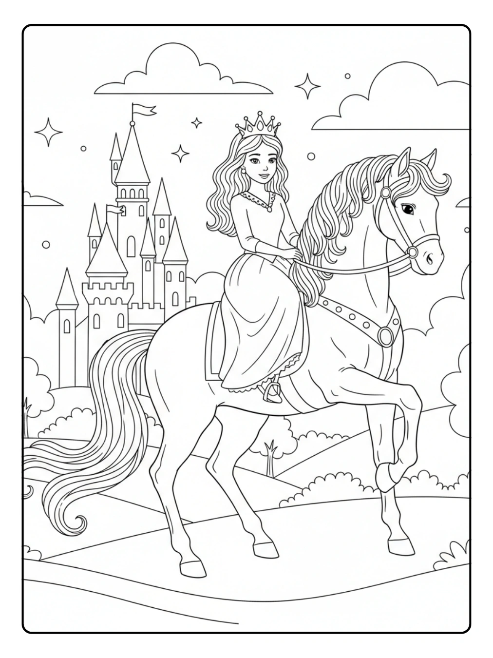 Ausmalbild Prinzessin Pferd – Prinzessin auf majestätischem Schimmel