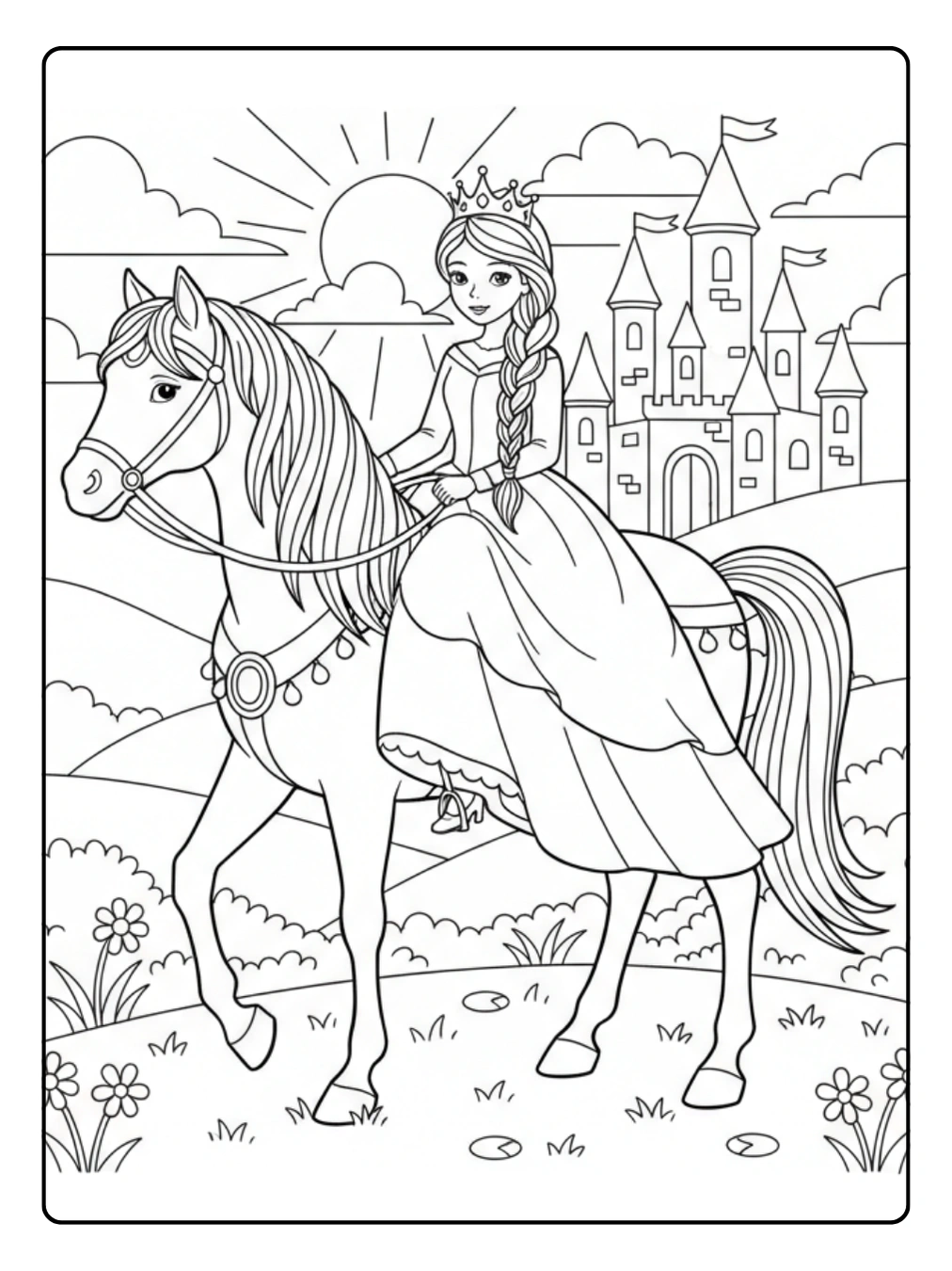 Ausmalbild Prinzessin Pferd – Prinzessin mit geflochtenem Zopf