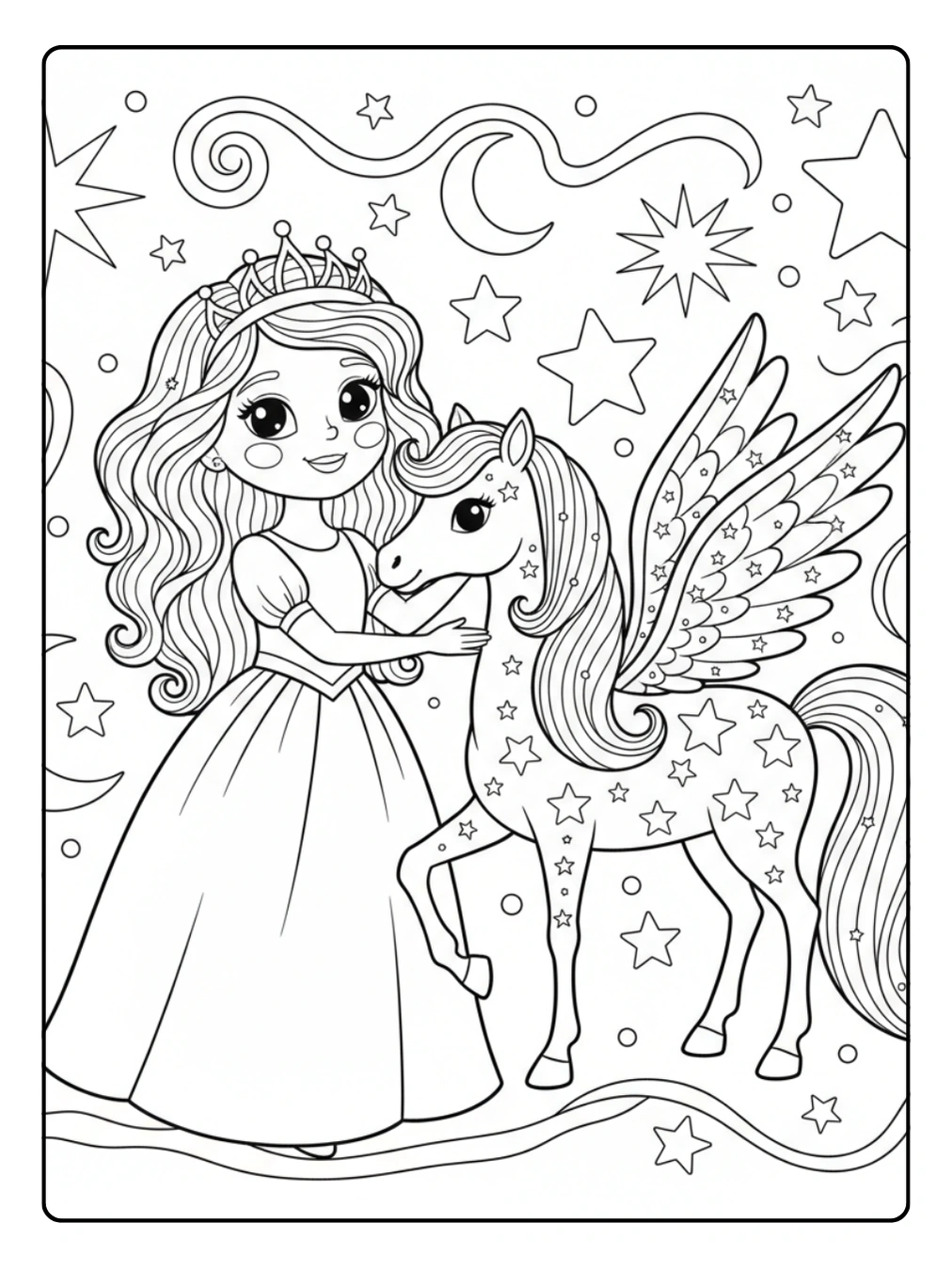 Ausmalbild Prinzessin Pferd – Prinzessin und ihr Sternenpferd