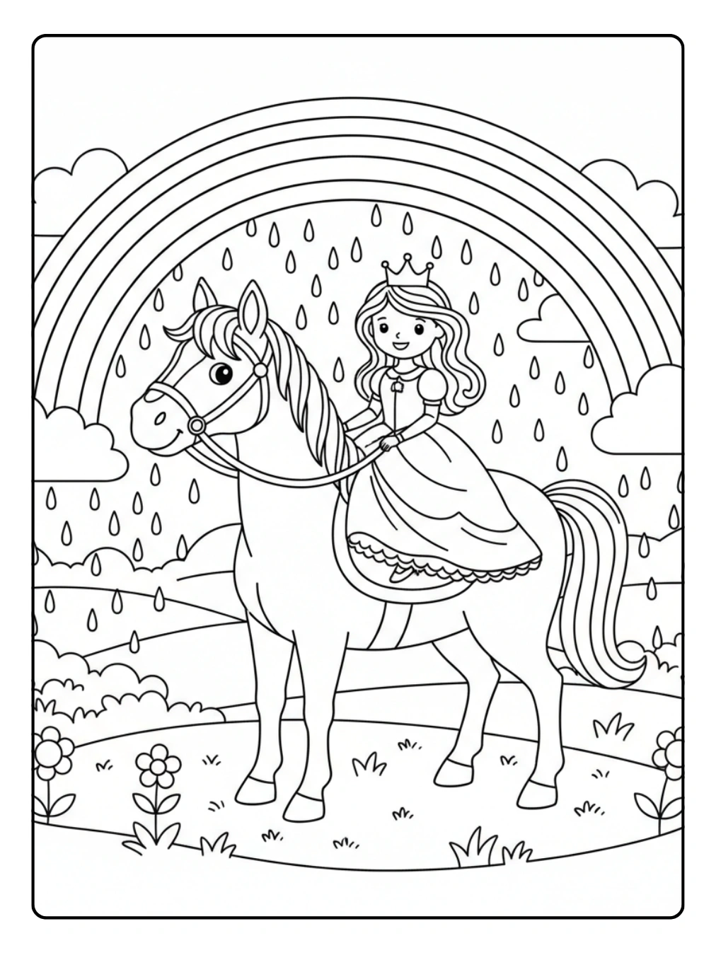 Ausmalbild Prinzessin Pferd – Reitstunde unter Regenbogen