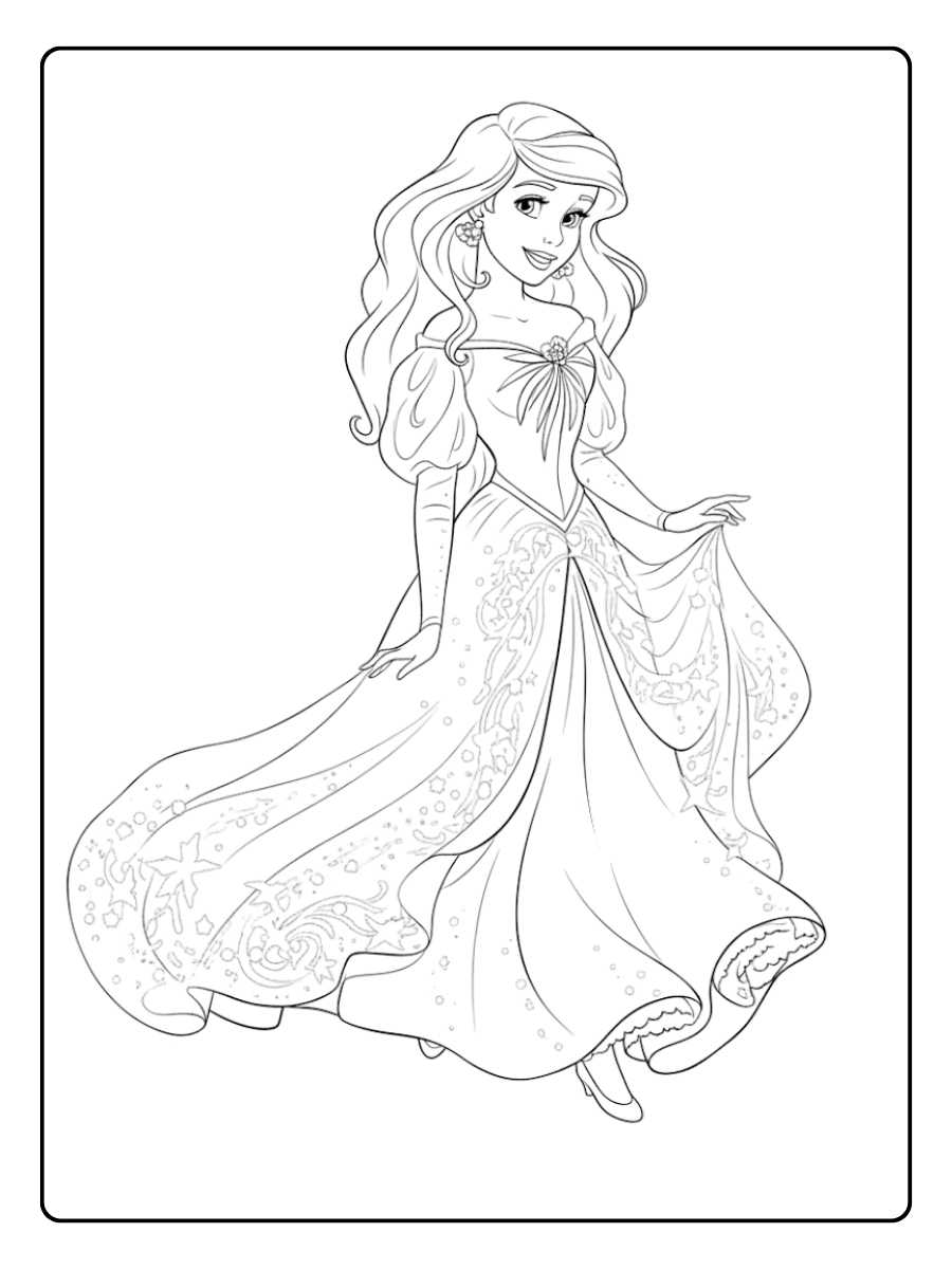 Ausmalbild Prinzessin im langen Kleid