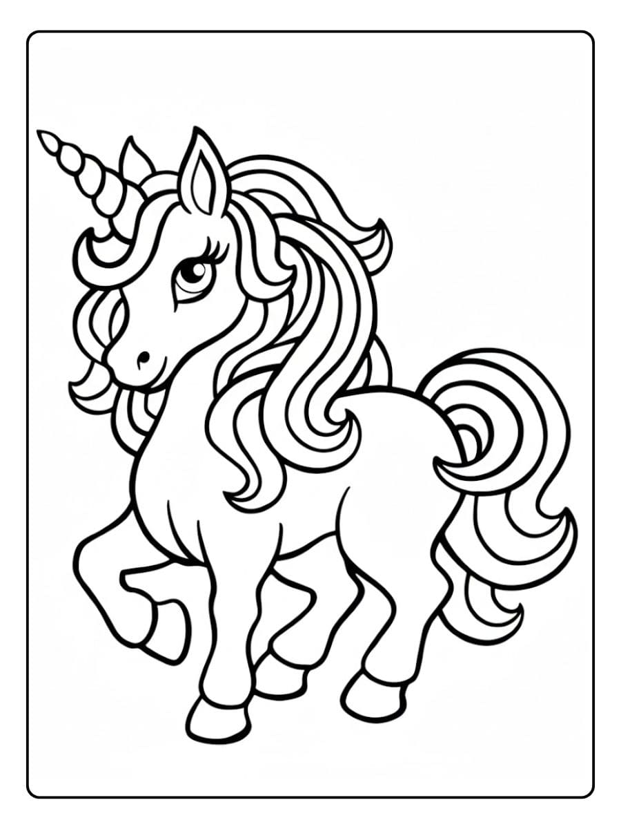 Ausmalbild Regenbogen Einhorn Niedliches Einhorn vor einem bunten Regenbogen