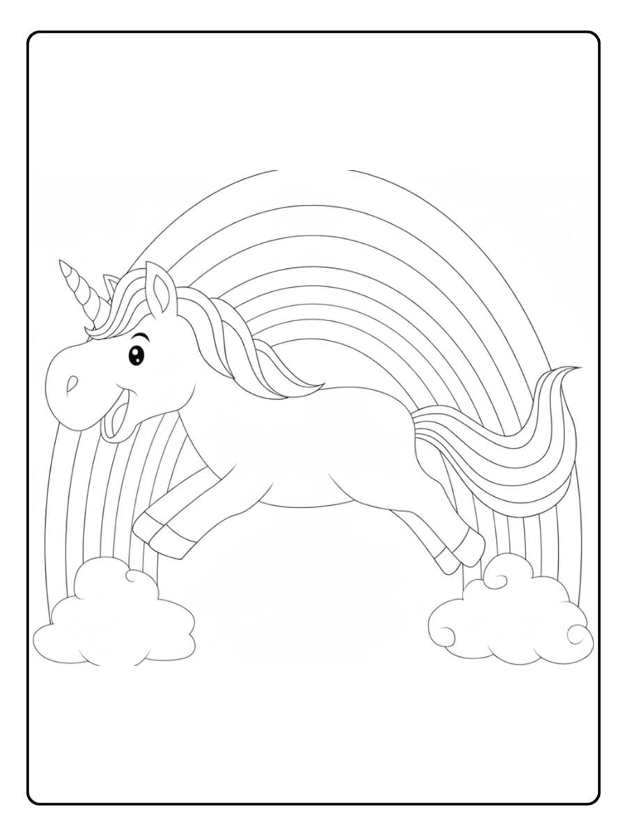Ausmalbild Regenbogen Einhorn Verspieltes Einhorn auf einer Wolke