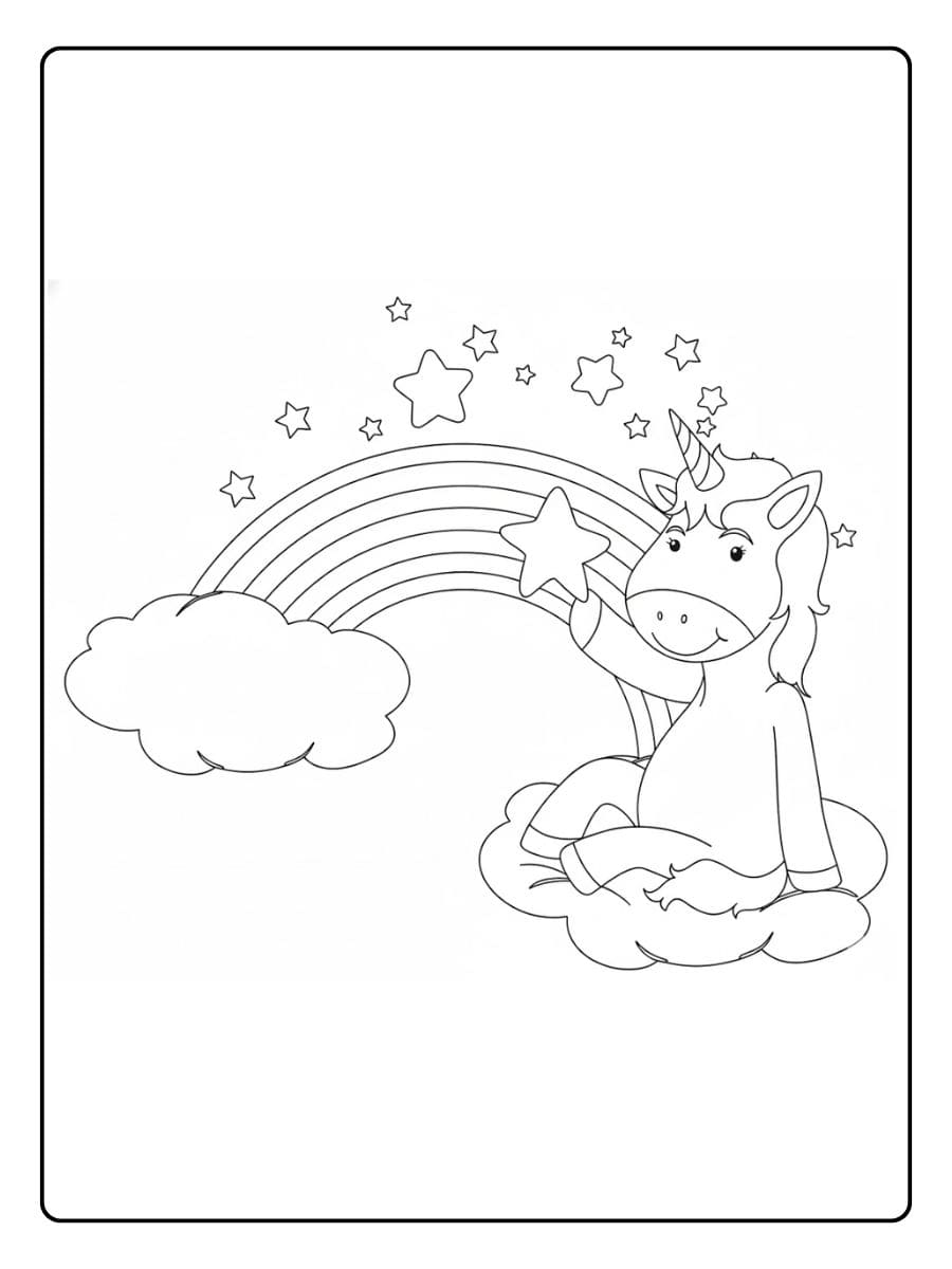 Ausmalbild Regenbogen Einhorn Wolken und Sterne