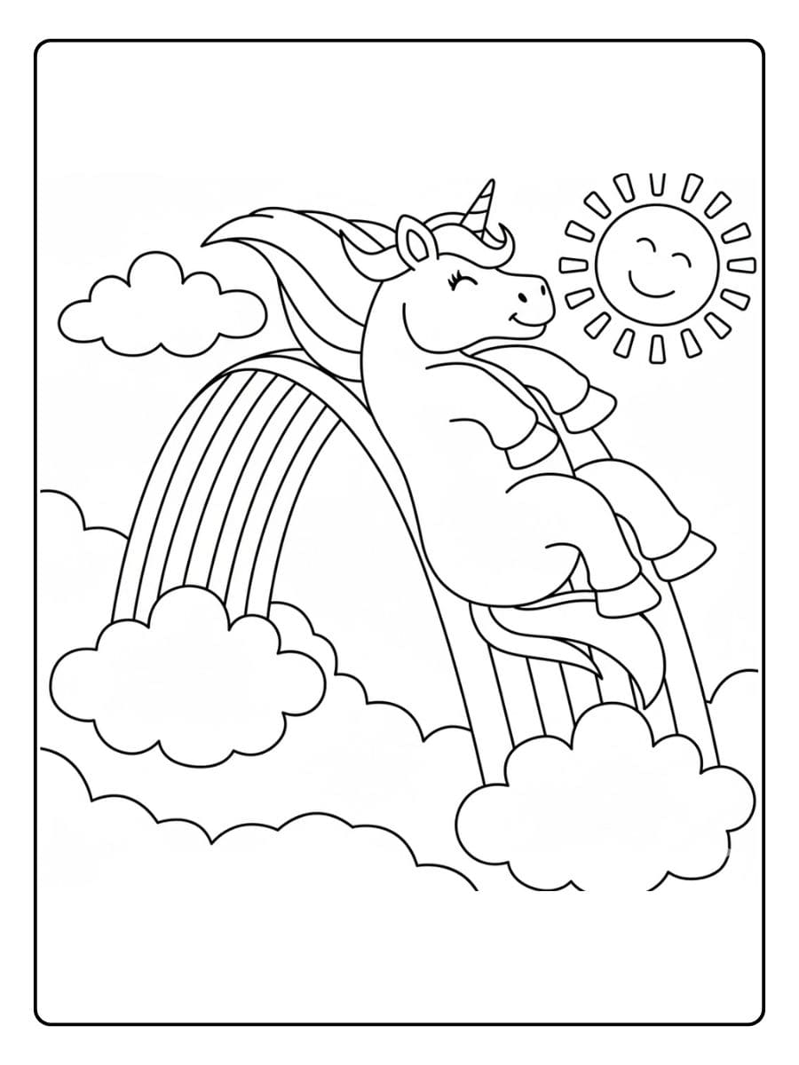 Ausmalbild Regenbogen Einhorn beim Rutschen