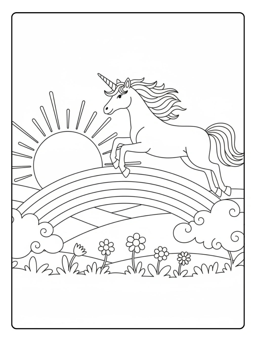 Ausmalbild Regenbogen Einhorn fliegend bei Sonnenuntergang